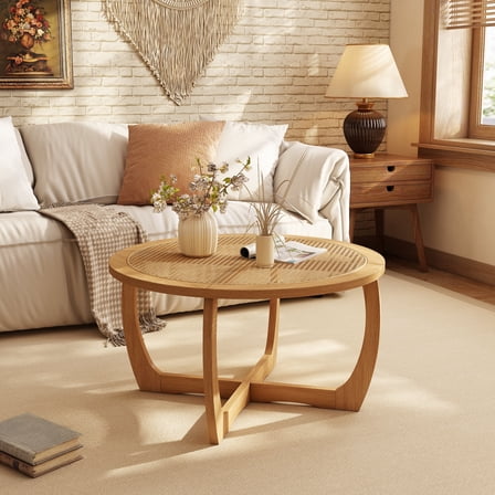 Round Wood Coffee Table with Handmade Rattan Top, Solid Circle Wooden Center Table with Curved Legs, Farmhouse Cocktail Table for Living Room, Light Brown 32.28" x 18"