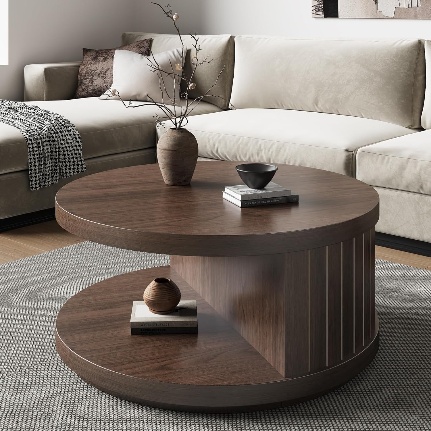 Epecoya Round Wood Coffee Table with Open Storage Shelf for Living