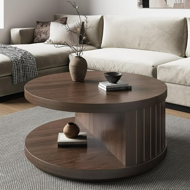 Epecoya Round Wood Coffee Table with Open Storage Shelf for Living Room, 31.5-Inch Farmhouse 2-Tier Circle Center Tea Tables with Stylish Fluted Design for Apartment, Small Space, Dark Brown Walnut