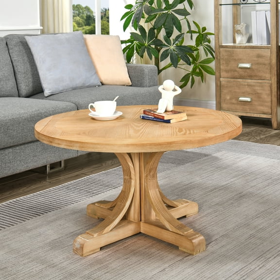 Round Wood Coffee Table with Pedestal Base, Wooden Circle Center Table with Dual Hourglass-Shaped Tabletop, Farmhouse Cocktail Table w/ Post and Curved Bracket Base,33.5" x 33.5"