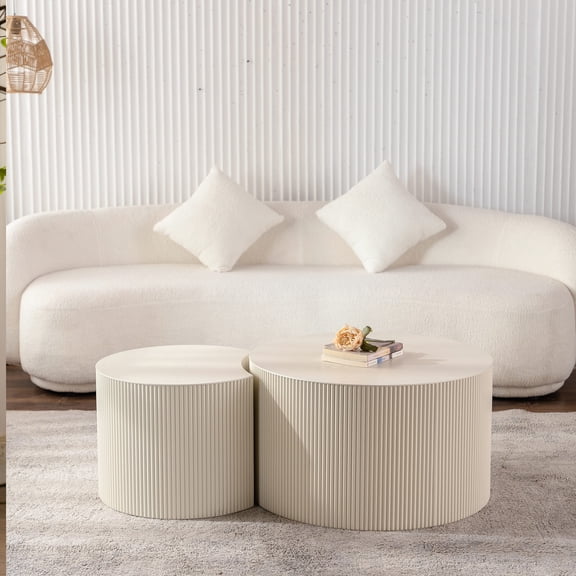 Round Wood Coffee Table for Apartment | No Assembly Required | Hand - carved Relief Style | Non - slip Foot Pads
