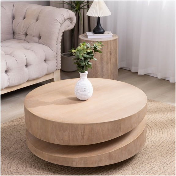 Round Wood Coffee Table for Living Room, Modern Natural Finish Accent Table with Floating Design