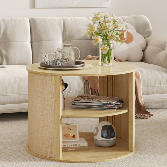 Round Wood Coffee Table with Storage, 2-Tier Boho Farmhouse Center Table with Adjustable Shelf for Living Room, Wood
