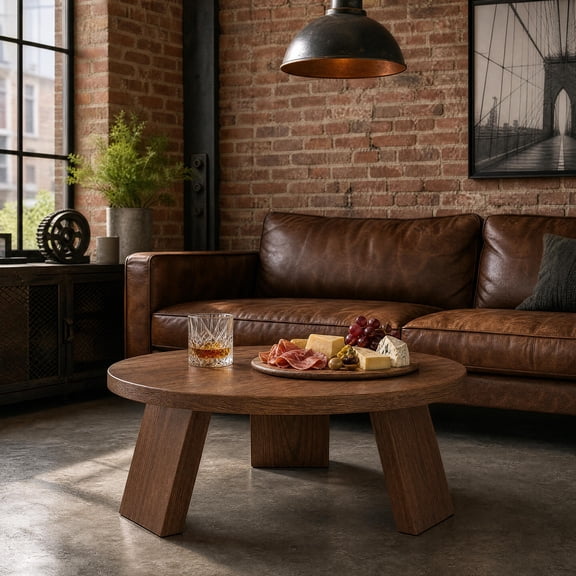 Round Wood Coffee Tables for Living Room, Farmhouse Circle Coffee Table, Mid Century Wooden Rustic Coffee Tables for Apartment, Easy Assembly