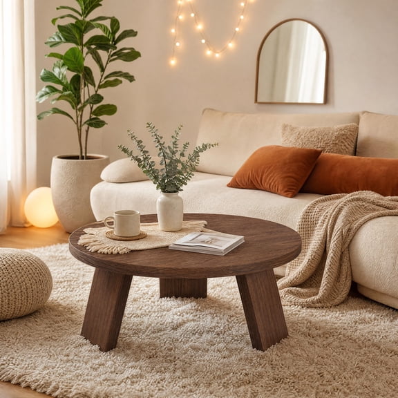 Round Wood Coffee Tables for Living Room, Farmhouse Circle Coffee Table, Mid Century Wooden Rustic Coffee Tables for Apartment, Easy Assembly