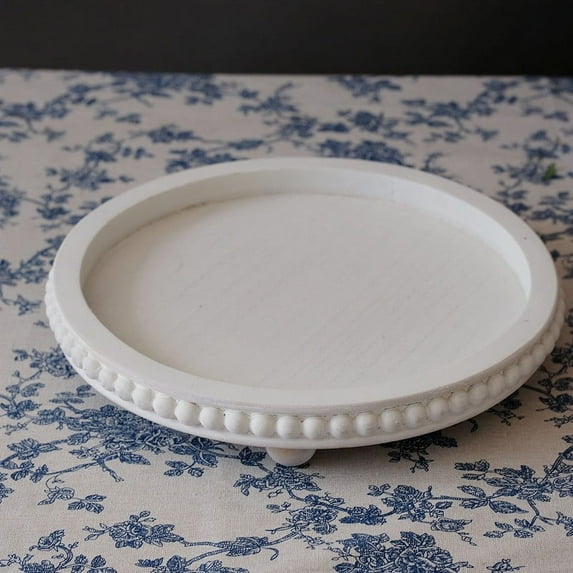 Round Wood Decorative Tray 12in Bathroom Counter Organizer Farmhouse Kitchen Rustic Riser for Soap Perfume Candle Sponge Table Centerpiece Home Display