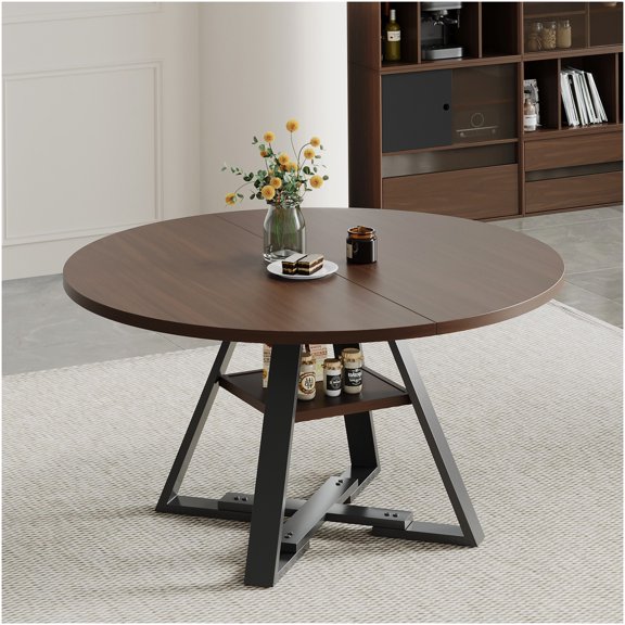 Round Wood Dining Table, 115cm Size, Brown Walnut Finish for Main Living Space and Dining Areas