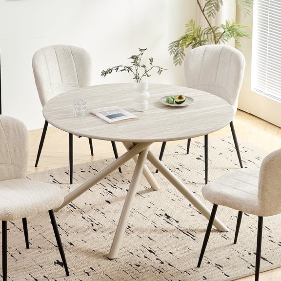 Round Wood Dining Table 47" Stone-Textured, HJhomeheart Modern Farmhouse Metal Cross-Leg Circle Dining Table for Kitchen & Dining Room Table, Natural