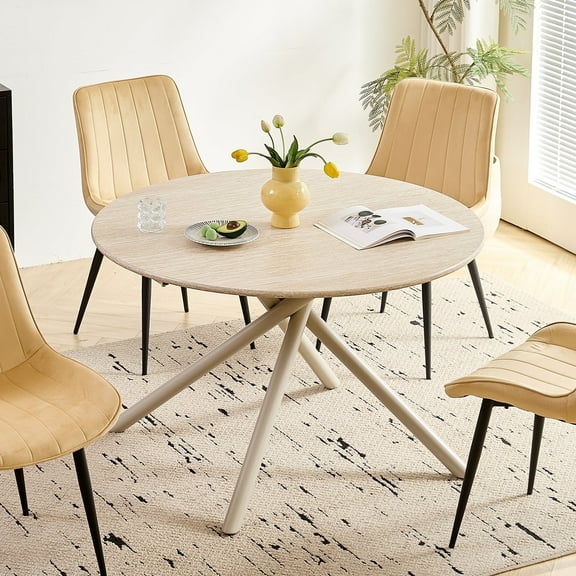 Round Wood Dining Table 47" Stone-Textured, HJhomeheart Modern Farmhouse Metal Cross-Leg Circle Dining Table for Kitchen & Dining Room Table, Natural