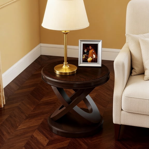 Round Wood End Table for Living Room, 22 Inch, X-Shaped Espresso Small Sofa Side Table, Vintage End Table for Small Space, Easy to Install, Espresso
