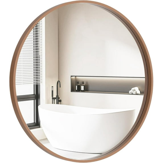 Round Wood Mirror, 28" Round Bathroom Wall Mirror Circle Mirrors for Wall Decor, Vanity, Living Room, Bedroom, Entryway, Walnut