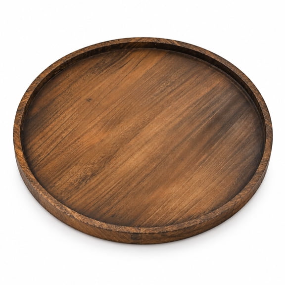 Round Wood Ottoman Serving Tray, 24 x 24 x 1.6 Inches, Brown Wood Veneer, Rustic Decorative Tray for Coffee Table and Living Room