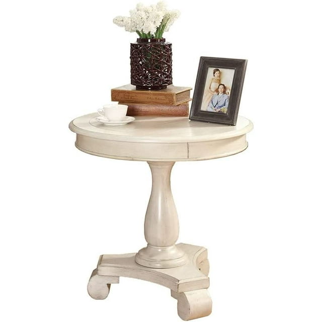 Round Wood Pedestal Side Table, Single, Antique White