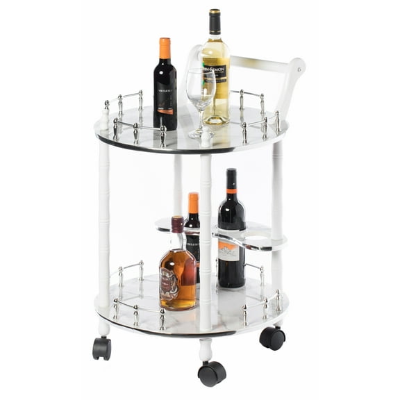 Round Wood Serving Bar Cart Tea Trolley with 2 Tier Shelves and Rolling Wheels, Silver, White and Gray