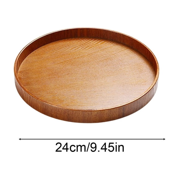Round Wood Serving Tray 24cm, Natural Dark Brown Finish, Raised Edge Platter for Coffee Tea Snacks, Kitchen Counter Organizer Virelaxpo