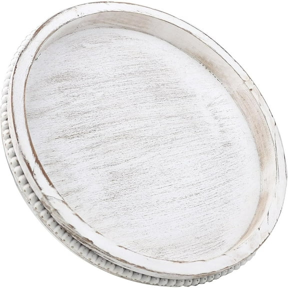 Round Wood Serving Tray with Beaded, 13” Rustic Wooden Decorative Coffee Table Tray for Centerpiece, Ottoman, Farmhouse Circle Trays for Counter, Living Room, Home Decor (Whitewashed)
