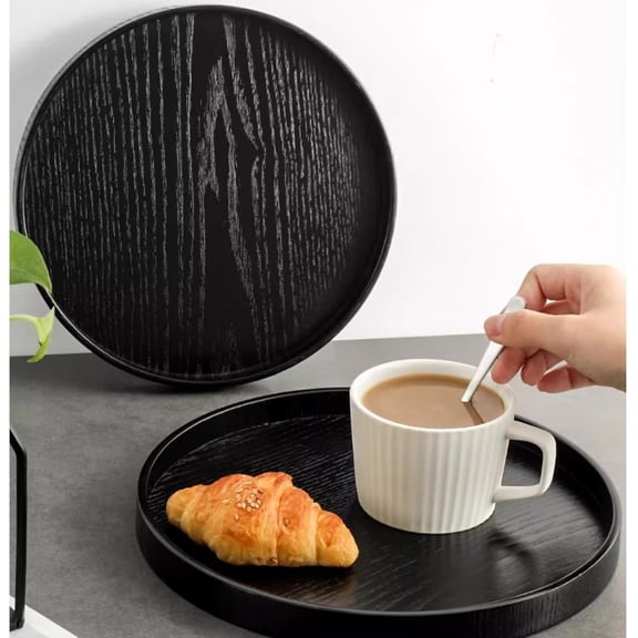 Round Wood Serving Tray, Solid Wooden Decorative Tray with Raised Edges for Home Kitchen Restaurant Use