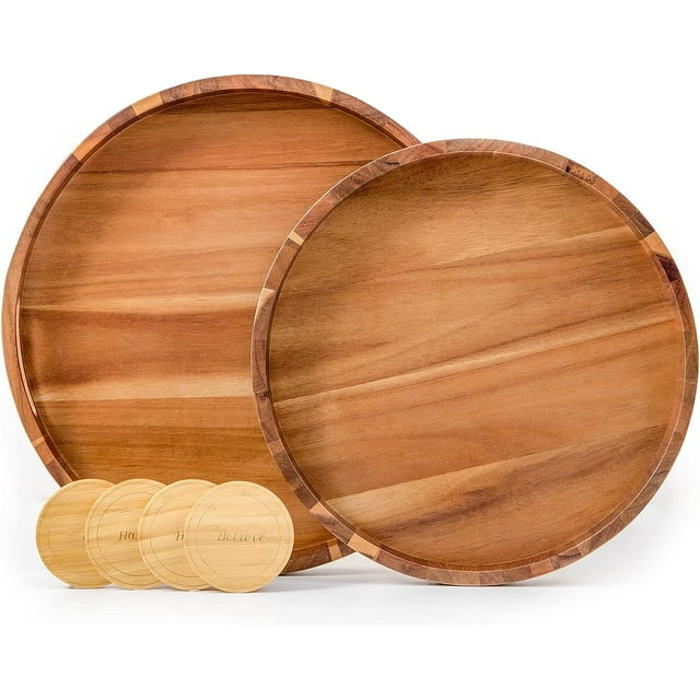 Round Wood Serving Trays Set of 2, Ottoman Tray Rustic Acacia Wooden Trays with Handles, Nesting Circle Tray with 4 Coasters for Coffee Table Living Room Bathroom Bedroom Party
