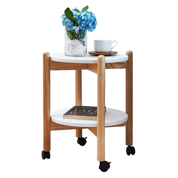 Round Wood Side Tables Living Room White End Tables Bedroom with Wheels, Double Layer Small Round Coffee Table Bedside Table Sofa Side Table Corner Table for Balcony Office