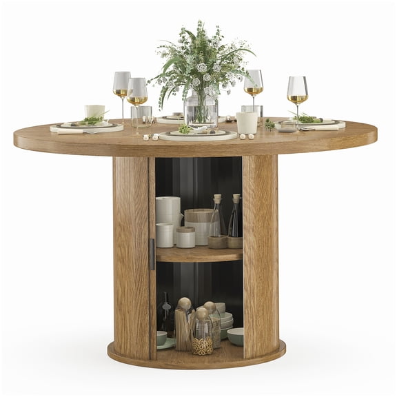 Round Wood Table for Dining Room, 4-Seater Small Kitchen Table with Metal Legs, Walnut Color Modern Dinner Table, Simple Assembly