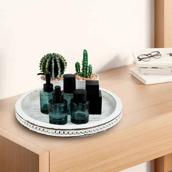 Round Wood Tray Rustic Wood Beaded Tray Elegant Serving Tray Decorative Coffee Table Tray Home Decor for Farmhouse Kitchen Dining Room Living Room Entryway Table