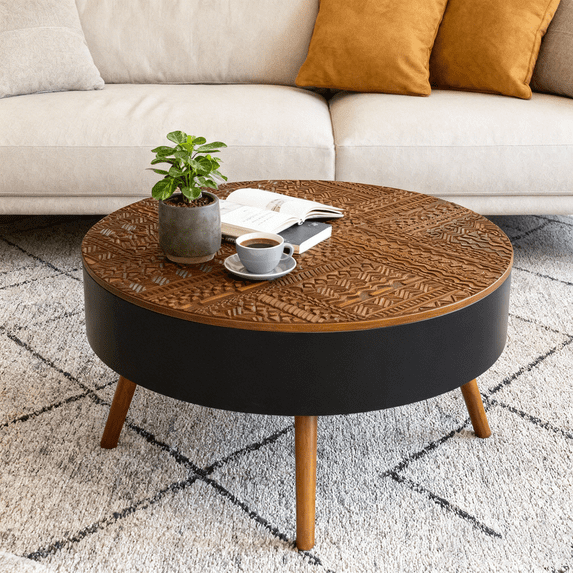 Round Wooden Coffee Table with Storage Carved Tabletop End Table Modern Side Table for Living Room Sofa, Chairs (Black Edge Large)