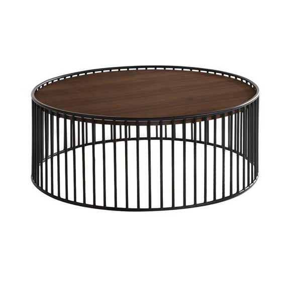 Round Wooden Coffee Table with Vertical Slatted Base, Brown & Black
