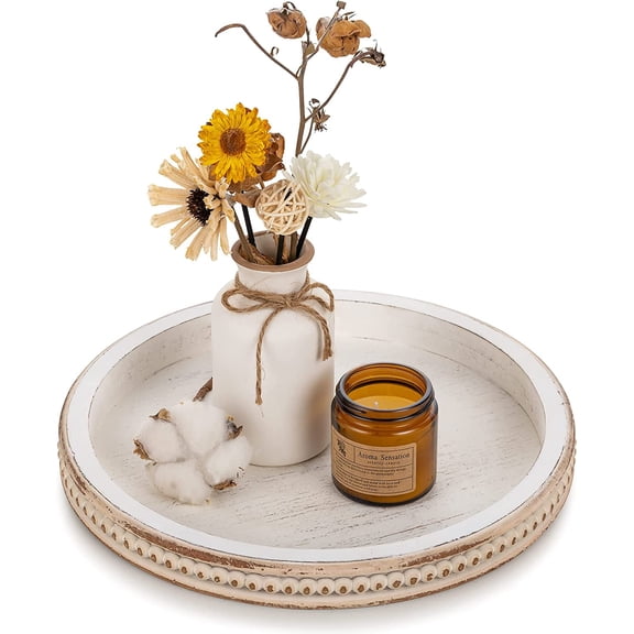 Round Wooden Decorative Tray: White Washed Bead Tray Decor for Coffee Table Centerpiece Rustic Farmhouse Tray for Kitchen Counter Living Room Decoration