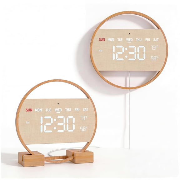 Round Wooden Digital Wall Clock with Temperature and Humidity Display