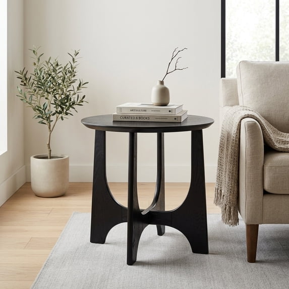 Round Wooden End Table with Black Cross Legs - Modern Accent Side Table for Living Room