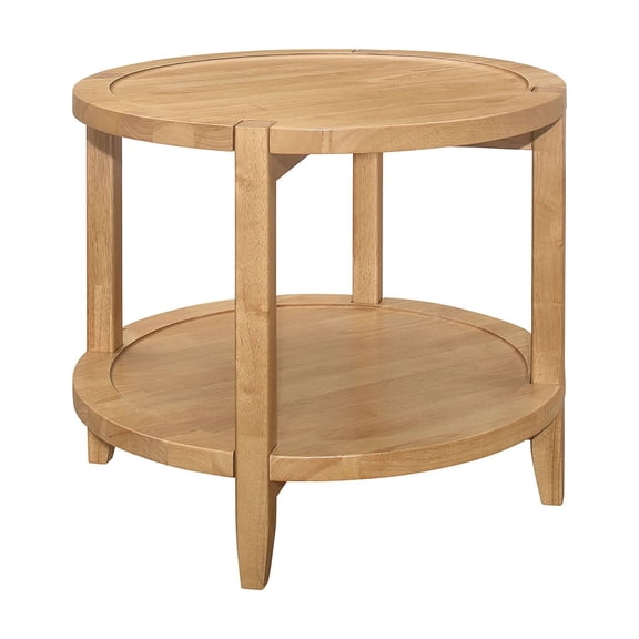 Round Wooden End Table with Bottom Shelf, Maple Brown