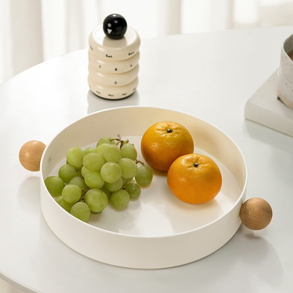 Round Wooden Handle Serving Tray, Solid Resin Desktop Storage Tray – Smooth Edge, Easy-Carry for Fruit, Snacks, Keys, Ideal for Living Room Entrance or Coffee Table