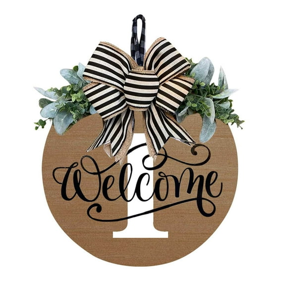 Round Wooden Hanging Plaque Welcome Sign Front Door Decoration with Bow Garden Yard Decor Seasonal Hanger for Wedding Home Blessing Party