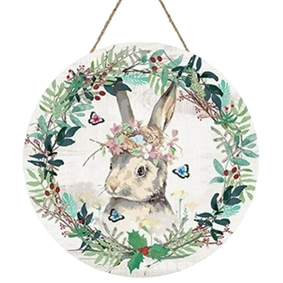 Round Wooden Hanging Sign with Bunny Floral Print Hello Lettering Rustic Wall Decor for Indoor Outdoor Use