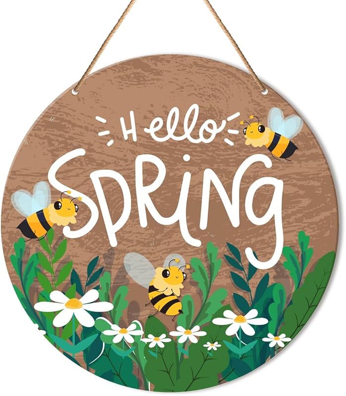 Round Wooden Hello Spring Door Sign, Spring Welcome Sign for Front Door ...