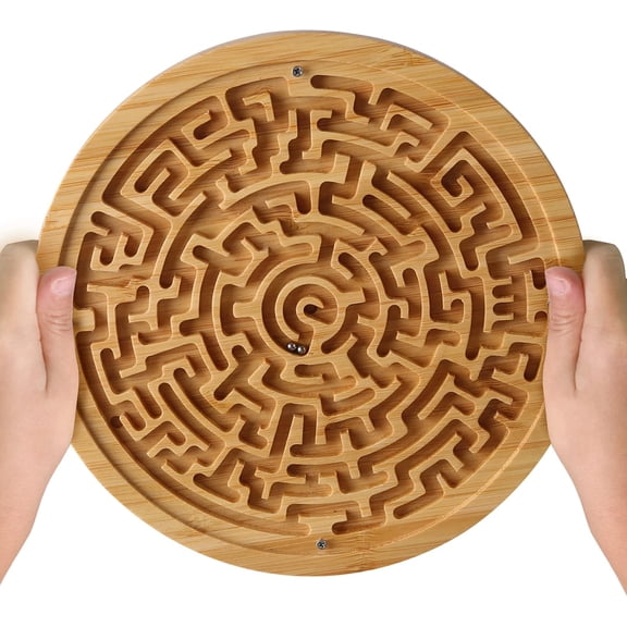 Round Wooden Labyrinth Maze Board Game, Educational Logic Brain Teaser Puzzle with 2 Metal Marbles, Suitable for All Ages