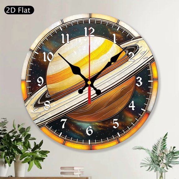 Round Wooden MDF Wall Clock, Saturn Planet Solar System Art, Planetary Astronomy Decor, Space Lover Gift, Unique Home Decoration
