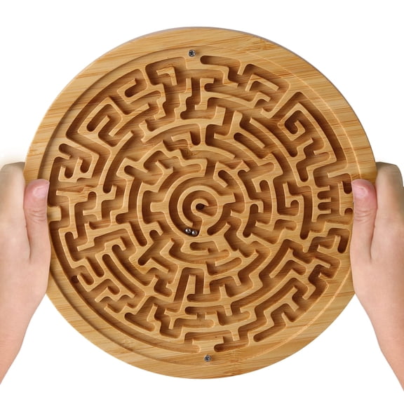 Round Wooden Marble Maze Labyrinth Board Game, Brain Teaser Logic Puzzle with 2 Metal Balls