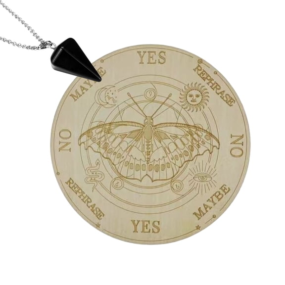 Round Wooden Pendulum Board with Black Pendant Necklace Home Decor C