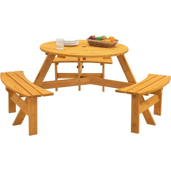 Round Wooden Picnic Table for Outdoors, 6 Person Round Outdoor Table and Chairs, Built-in Benches, Umbrella Hole for Garden, Backyard