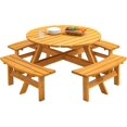 thumbnail image 1 of Round Wooden Picnic Table for Outdoors, 8 Person Round Outdoor Table and Chairs, Built-in Benches, Umbrella Hole for Garden, Backyard, 1 of 6