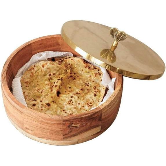 Round Wooden Roti/Tortilla/Flatbread Casserole Box with Stainless Steel (Gold Color) Lid, Measures 9-inches Wide x 3-inches Tall