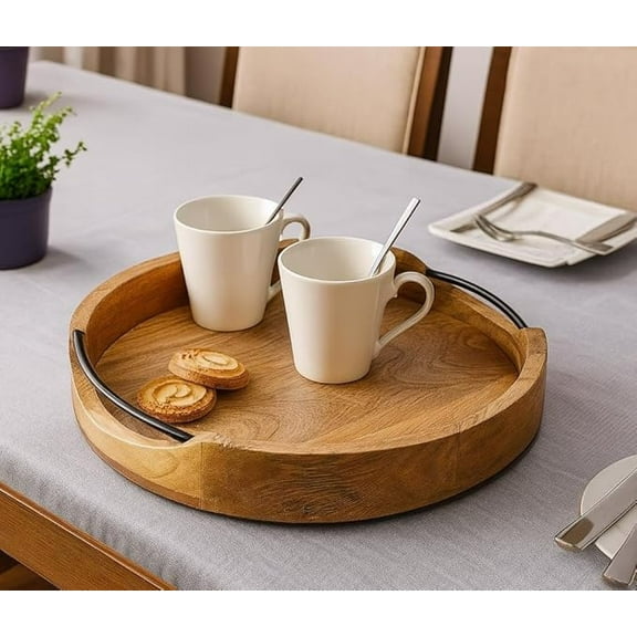 Round Wooden Serving Tray - 10 Inch Rustic Brown Wood Platter with Handles