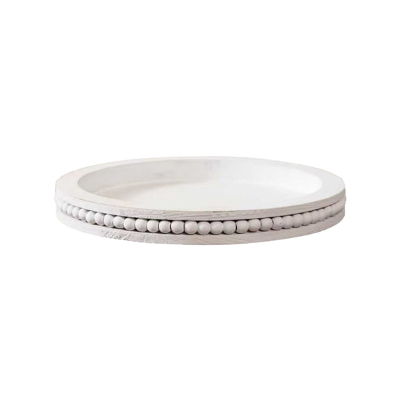 Round Wooden Serving Tray Decorative Bead Trim Platter For Kitchen Countertop Fruit Display Rustic Home Decor White