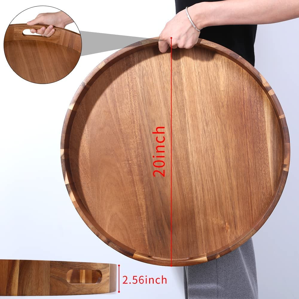 Round Wooden Serving Tray with Handles,20" Large Diameter Wood Serving