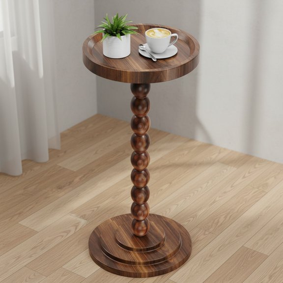 Round Wooden Side Table & Drink Table | Sturdy & Functional Mid-Century Modern Design with Solid Wood Columns for Living Room, Bedroom, Office & More