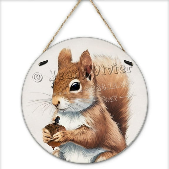 Round Wooden Sign Squirrel Woodland Animals Art Print, Adorable Squirrel Wall Art Painting Wooden Poster, Cartoon Inspirational Forest Animal Picture, Squirrel Gifts 12x12 inches