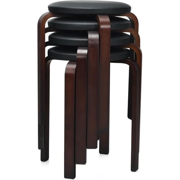 Round Wooden Stools, Set of 4 Backless Bentwood Stools w/Cushioned Seat, Non-Slip Foot Pads, Stackable Wood Bar Stools for Dinning, Living Room, Class Room (Black)