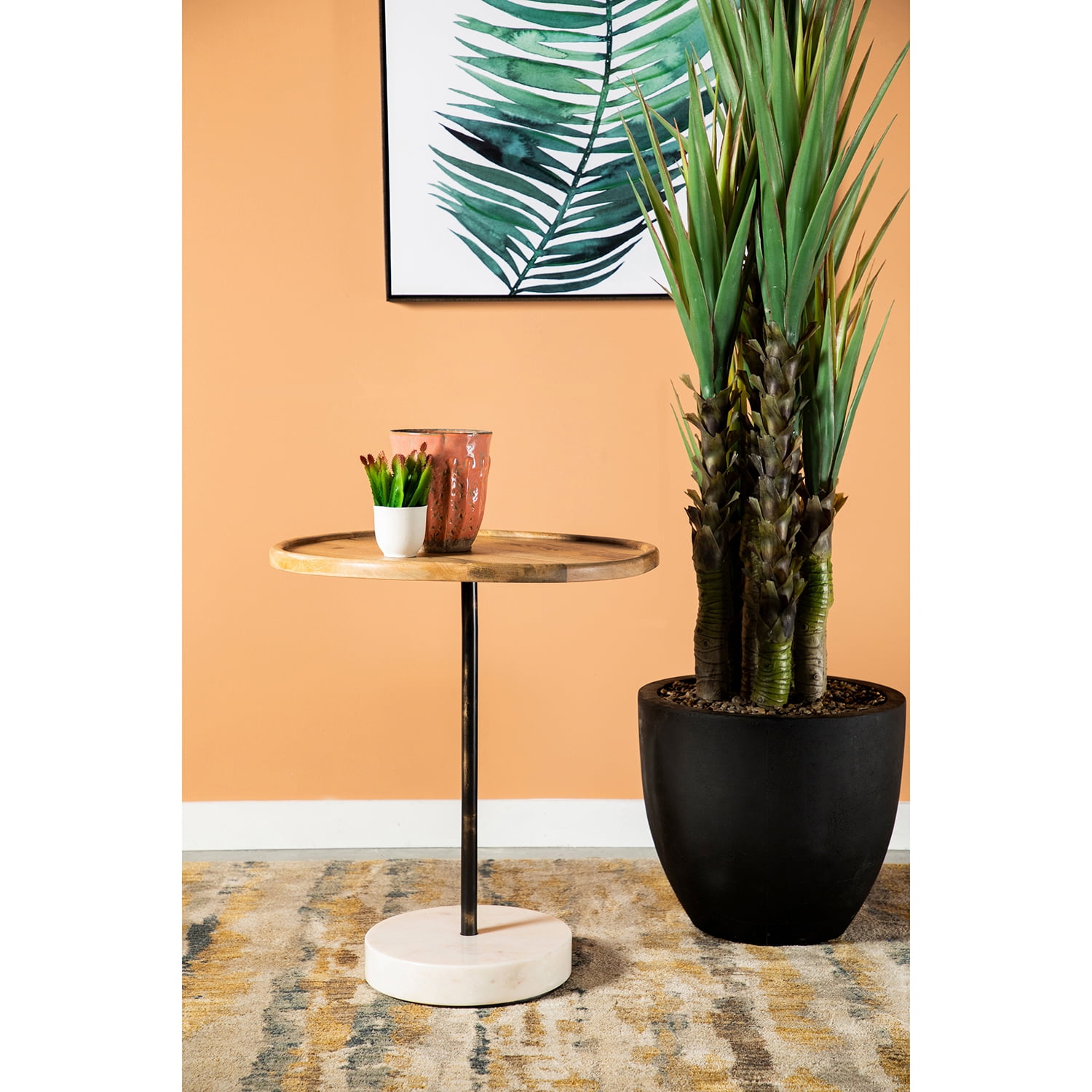 Round Mango Wood and Marble Accent Table with Metal Frame