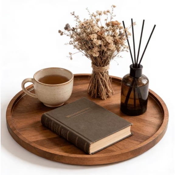 Round Wood Tray, Acacia Wooden Serving Tray, Decorative Tray for Coffee Table, Home Decor, Kitchen Countertop, 13.78 Inch